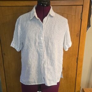 118 Eileen Fisher Womens Casual White and Black Striped Shirt 100% Organic Linen